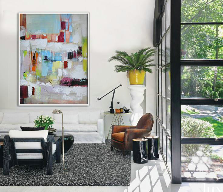 Large Abstract Painting,Vertical Palette Knife Contemporary Art,Big Art Canvas,Blue,White,Red,Orange,Light Green.etc